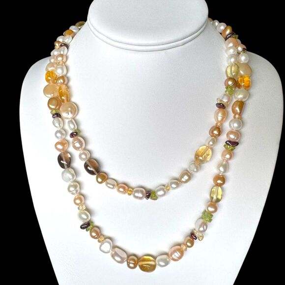 Honora 40" Freshwater Pearl & Gemstone Necklace w/ Earrings Citrine Smoky Quartz - Picture 3 of 16